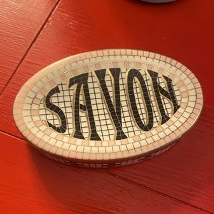 Anthropologie soap dish deco french savon tile look gold pink black bathroom